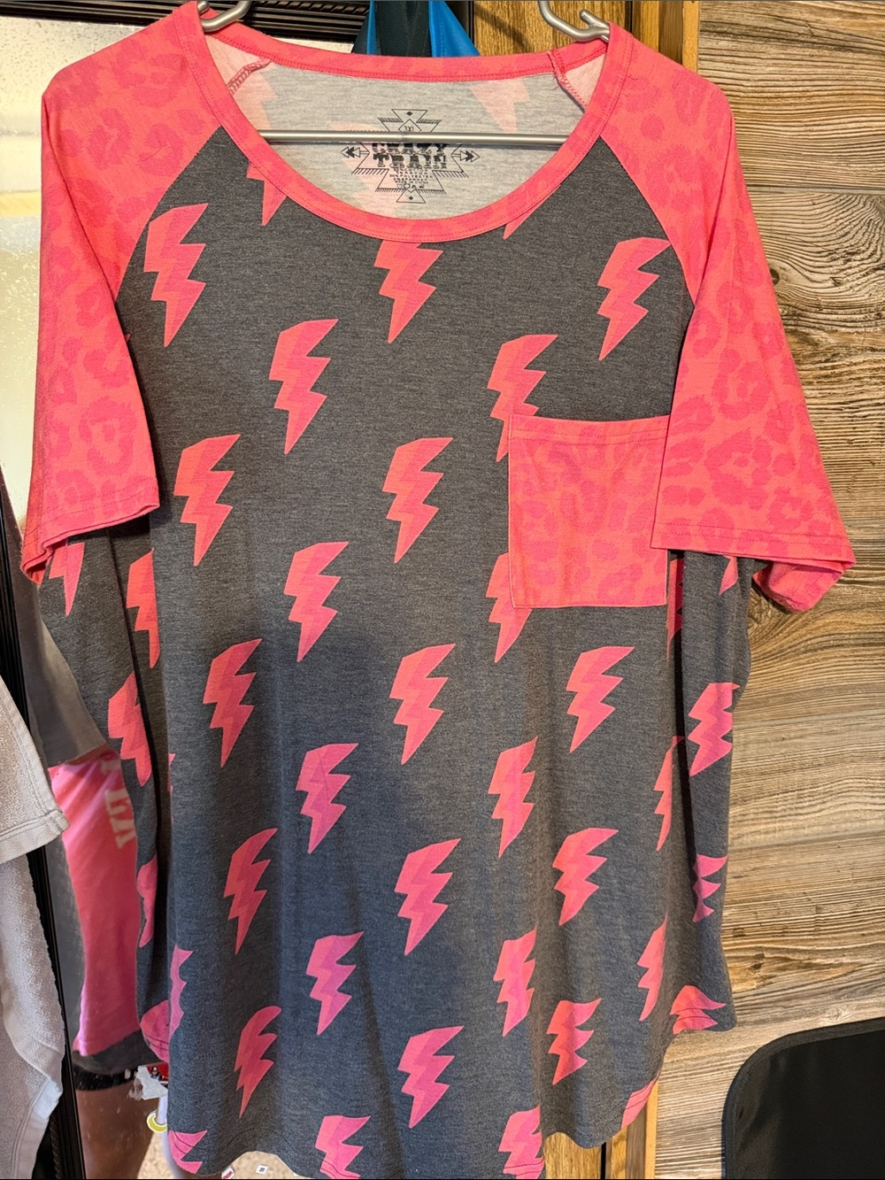 Crazy Train Pink Lightning Raglan Pocket Tee - Gray Body